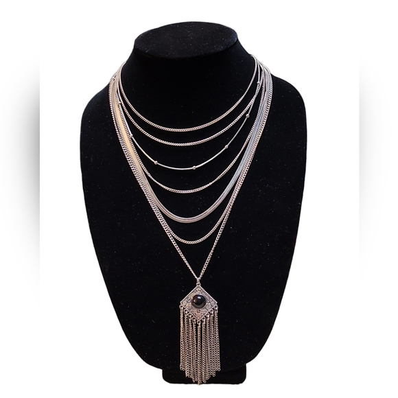 Bohemian Silvertone Multi-layered Statement Chains & Cabochon Medallion Necklace - Picture 2 of 8